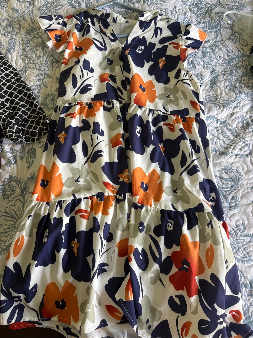SHEIN Navy, Orange & Cream Floral Tiered Midi Dress